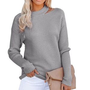 Women’s Halter Neck Cold Shoulder Grey Ribbed Sweater